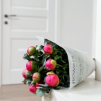 MF1025 - Букет из 9 коралловых пионов и эвкалипта фото №7 - moscowflorist.ru