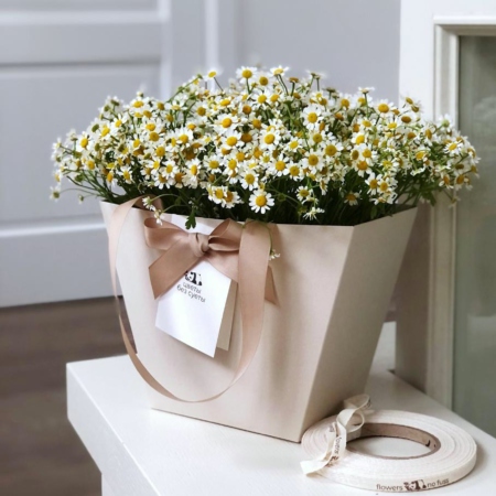 MF0732 - Кремовая фирменная сумка с ромашками - фото moscowflorist.ru