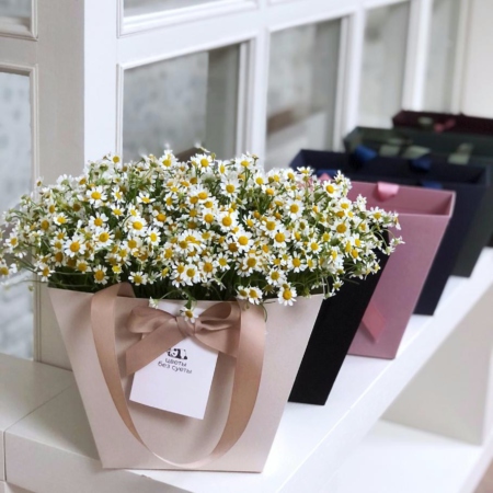 MF0732 - Кремовая фирменная сумка с ромашками - фото moscowflorist.ru