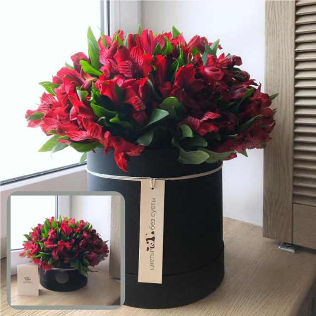 MF0541 - Красная альстромерия в стильной черной шляпной коробке фото - moscowflorist.ru