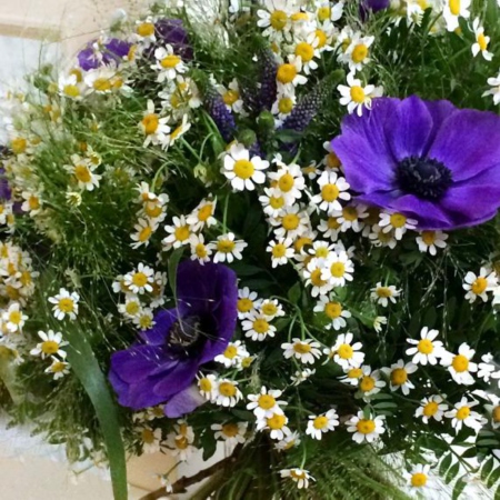 MF1070 - Полевой букет из ромашки и синих анемонов - фото moscowflorist.ru