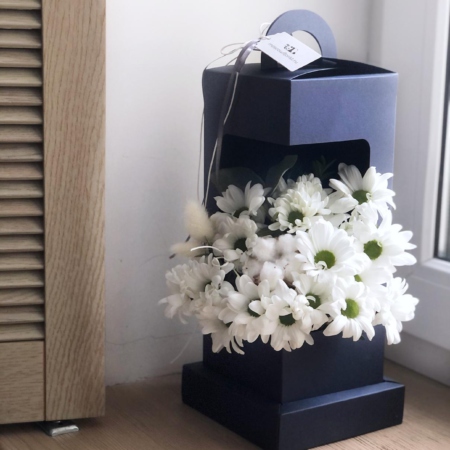 MF5739 - Белая хризантема в коробке-фонарике синего цвета - фото moscowflorist.ru