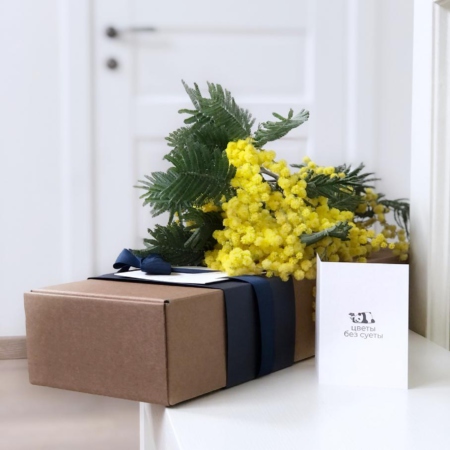 MF5548 - Цветочный футляр с ароматной мимозой - фото moscowflorist.ru