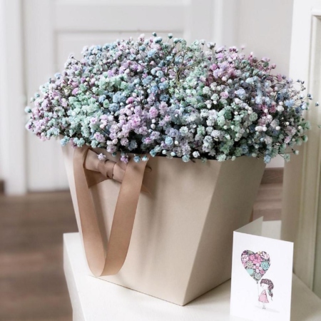 MF0708 - Кремовая сумка с радужной гипсофилой - фото moscowflorist.ru