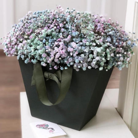 MF0710 - Зеленая фирменная сумка с радужной гипсофилой - фото moscowflorist.ru