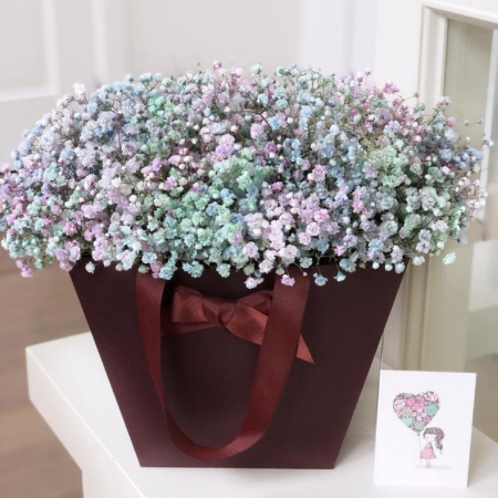 MF0713 - Бордовая цветочная сумка с радужной гипсофилой - фото moscowflorist.ru