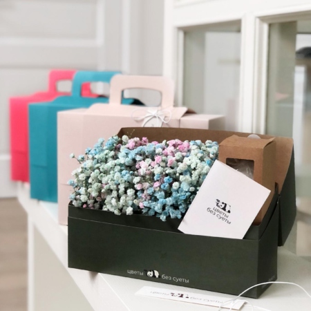 k5210 - IQ коробка-чемодан с радужной гипсофилой (от 5 шт.) - фото moscowflorist.ru