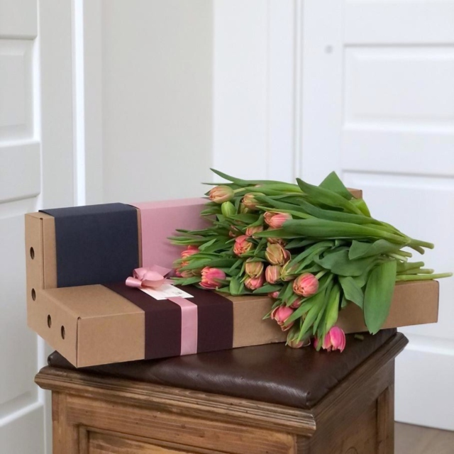 k5529 - Фирменный кейс с 35 тюльпанами в асс. (от 5 шт.) фото - moscowflorist.ru