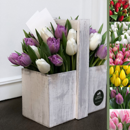 MF7044 - Деревянный ящик с тюльпанами в асс.  - фото moscowflorist.ru