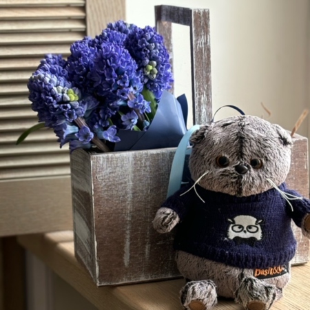 MF7058 - Цветочный ящик с гиацинтами и исхудавшим котейкой - фото moscowflorist.ru