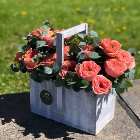 MF7060 - Деревянный ящик с персиковой пионовидной розой  - фото moscowflorist.ru